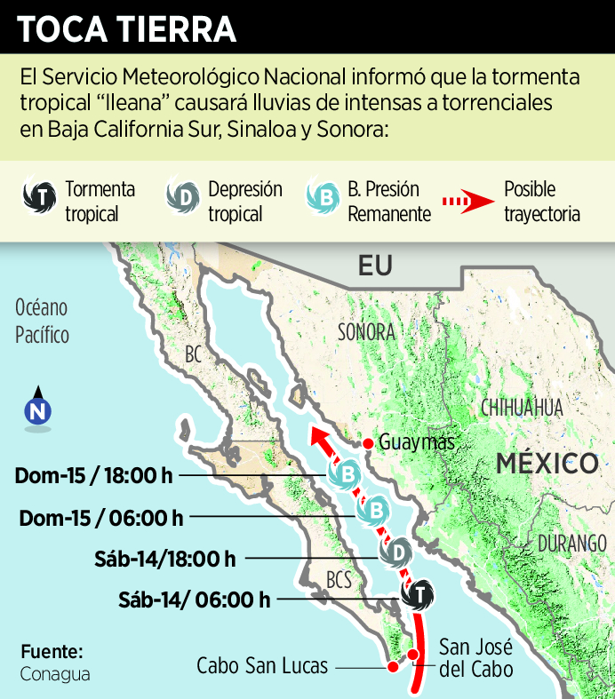 Las fuertes lluvias causadas por la tormenta tropical "Ileana" ha causado inundaciones en diferentes vías de Los Cabos, Baja California Sur.