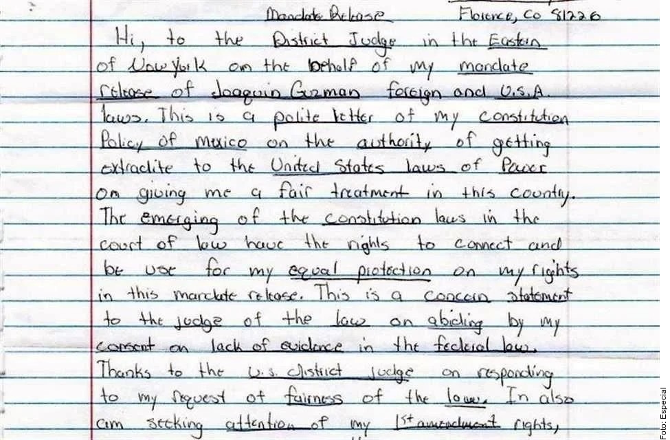 Joaquin El Chapo Guzman Loera envio una carta al juez que lo condeno a cadena perpetua con un mensaje confuso y sin peticion clara